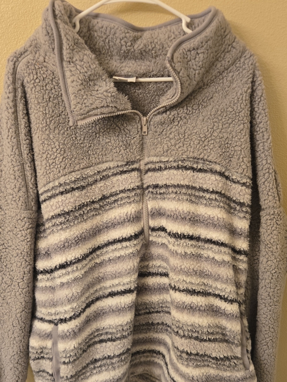 LuLaRoe Nancy Light Gray Striped Sherpa Half-Zip Pullover